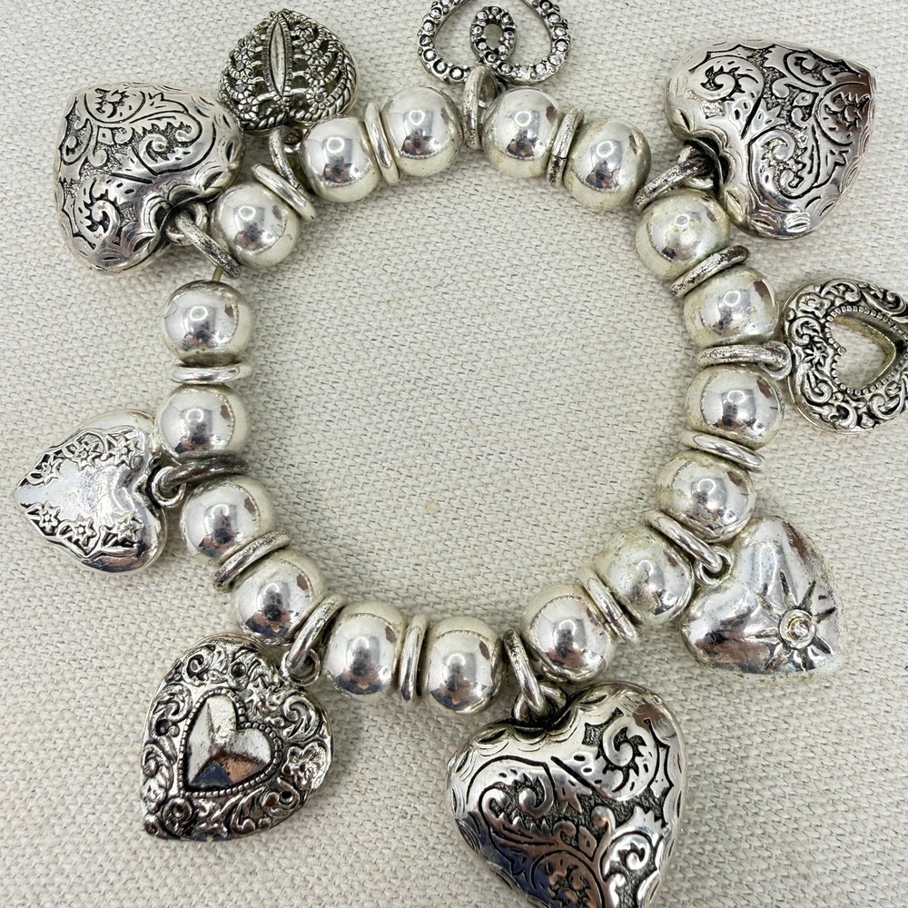 Vintage Silver Heart Charm Bracelet - Silver Heart Charms